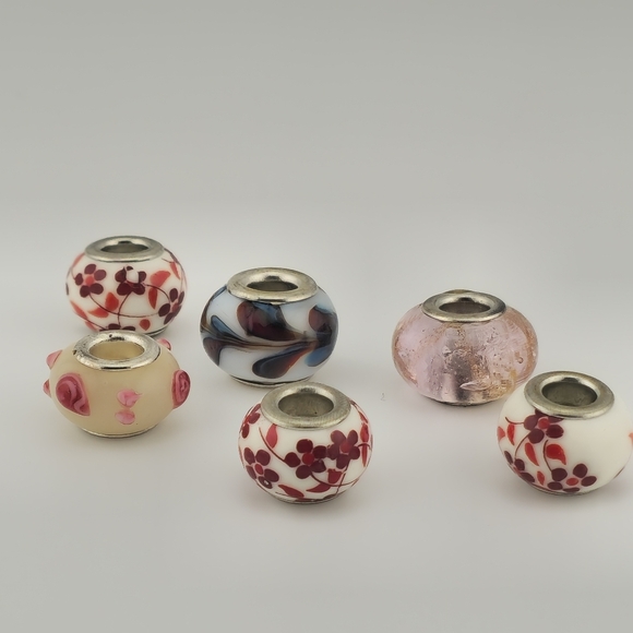 Lot of 6 Lampwork Murano Glass Beads Floral Swirl Pink White Charm Silver Cores - Picture 1 of 8